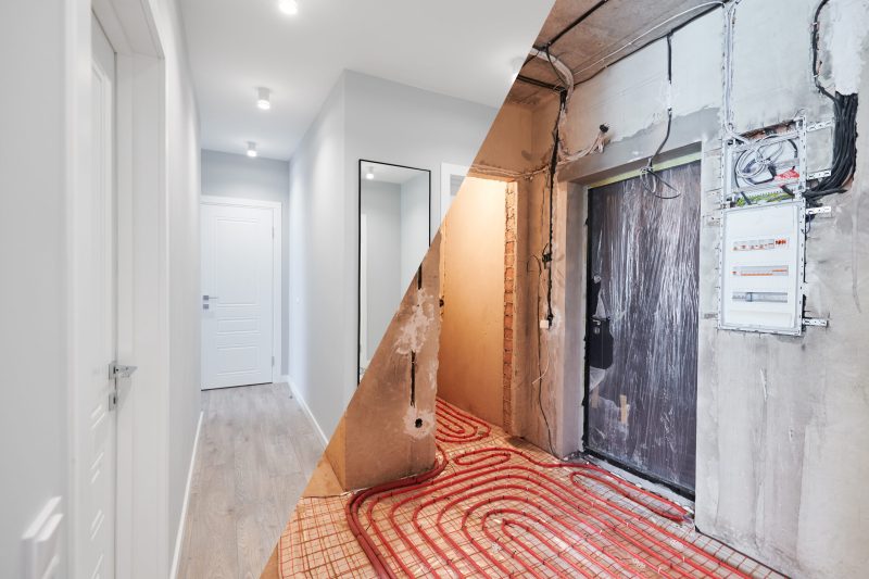 Comparison of old flat with underfloor heating pipes and new renovated apartment with modern interior design. Hallway with heated floor before and after renovation.
